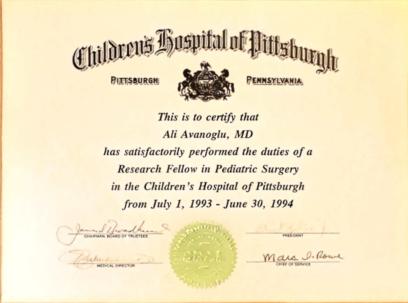 Ali Avanoğlu'nun Children's Hospital of Pittsburgh'da araştırma görevlisi (fellowship) belgesi