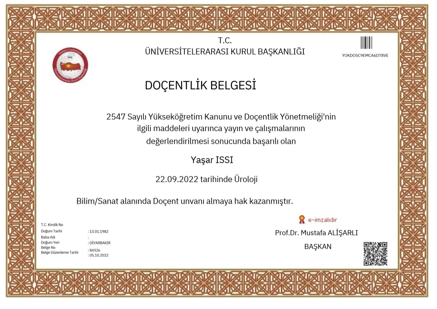 Yaşar Issı'nın üroloji doçentlik belgesi