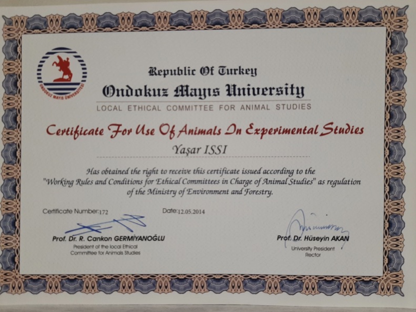 Yaşar Issı'nın deneysel araştırma etik sertifikası